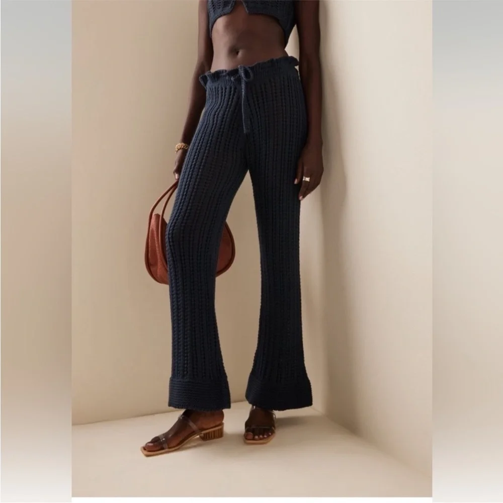 Savannah Morrow The Label Pants Oak Crochet Knit Belted Cotton in Navy